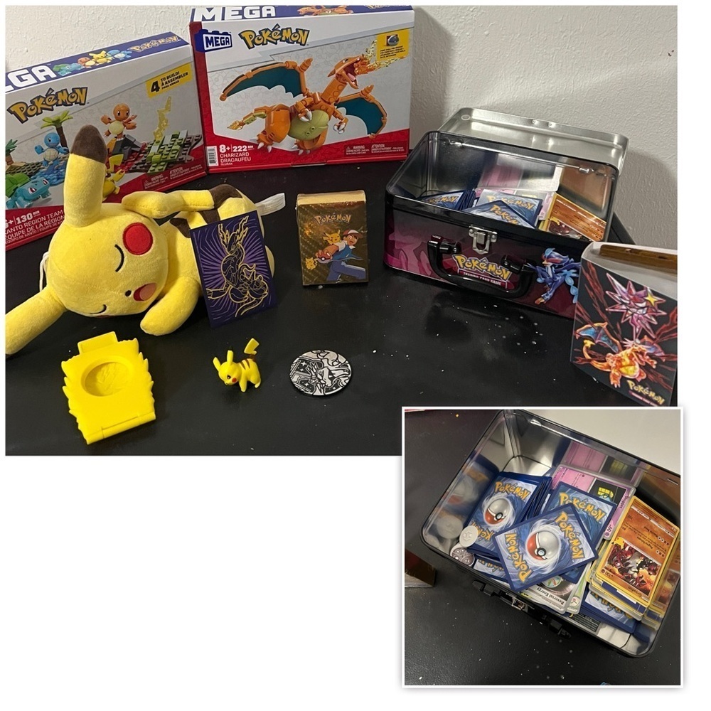 Mega Lego Charmander Pokemon Trading Card Set Pikachu Plush Etc., NWOT & EUC
